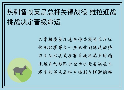 热刺备战英足总杯关键战役 维拉迎战挑战决定晋级命运